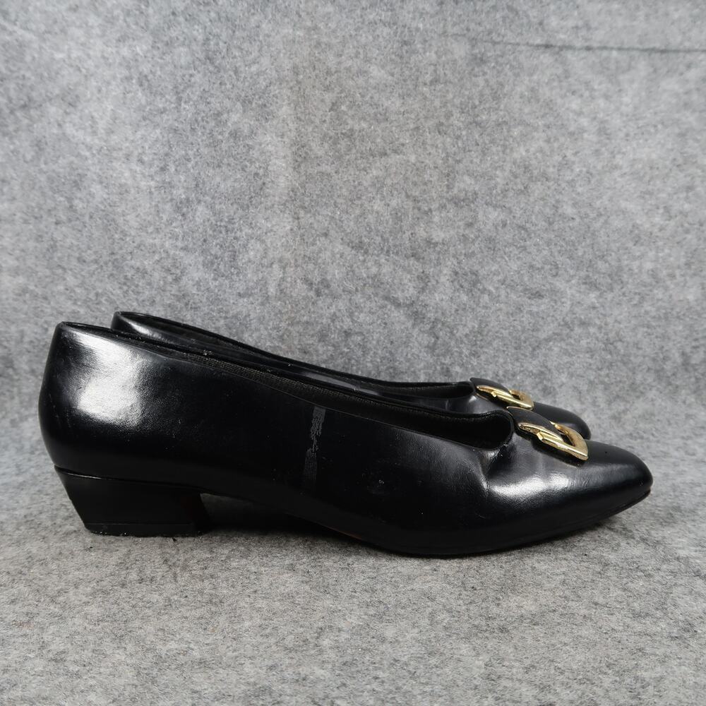 Soft Flexible Shoes Womens 10 Pumps Vintage Low Heel Black Gold Retro Classic